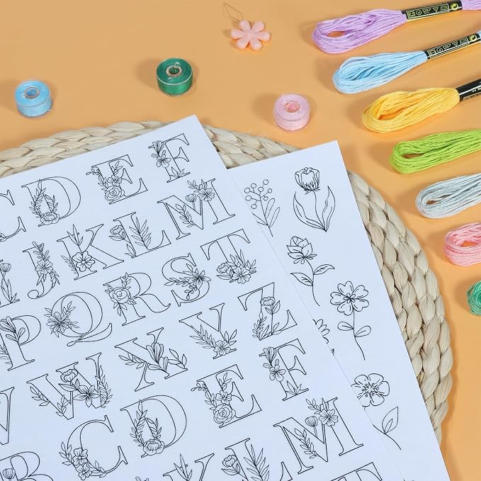 Patemby Embroidery Pattern Water Soluble Embroidery Stabilizers, Stick and Stitch Embroidery Paper Wash Away with Pre-Printed Pattern Designs Stencils Transfers for Hand Sewing Lover Beginner