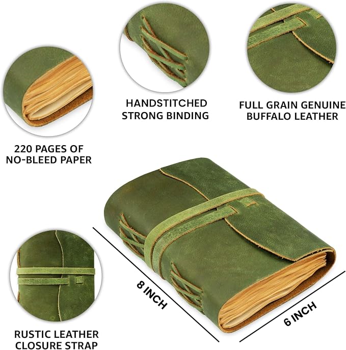 LEATHER VILLAGE Leather Journal For Men Edge Cut, Forest Green 8x6.