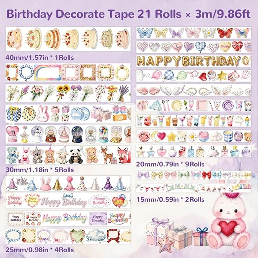 Birthday Washi Tape Set 21 Rolls for Junk Journal, Scrapbooking & DIY Craft