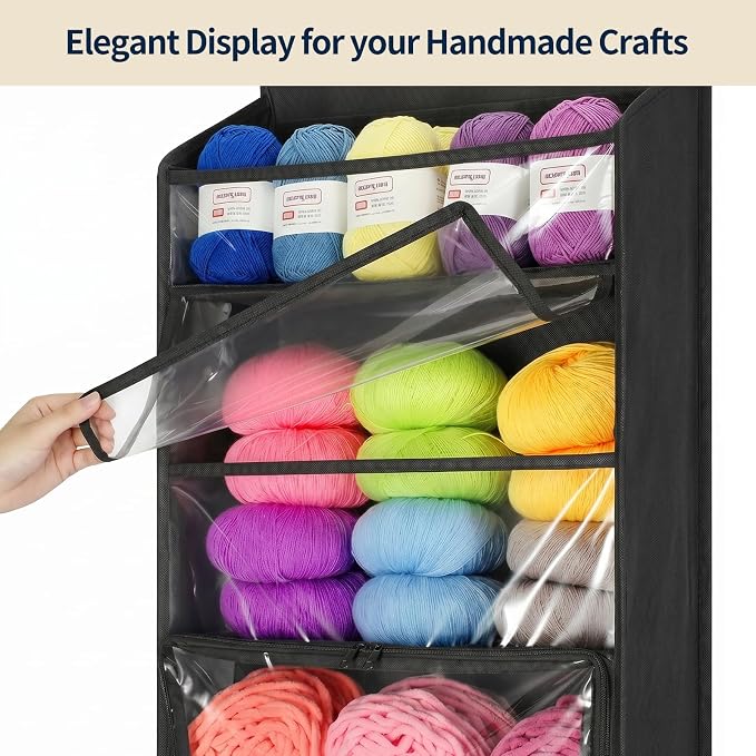 Yecaye Hanging Yarn Storage Organizer with 6 Zippered Closure Compartments, Heavy Duty Stuffed Animal Storage with Clear Full-Front PVC, Dustproof Yarn Holder for Crocheting Storage, Black 6 Tier