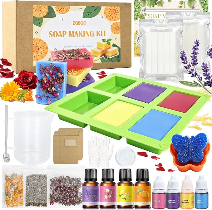 ZQBQC Soap Making Kit, Soap Making Kit for Adults Beginners, DIY Craft Supplies with Shea Butter Glycerin Melt and Pour Soap Base, Molds, Fragrances, Dried Flowers, Soap Craft Set for Adults and Kids