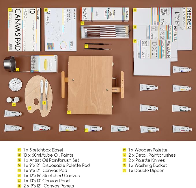MEEDEN Art Oil Painting Kit: 37Pcs All-in-One Oil Supplies with Easel Box | Professional Oil Paint Kit with 60ml Oil Paint Set, Paint Brushes, Palette Knives, Canvases, for Adults Artists Beginners