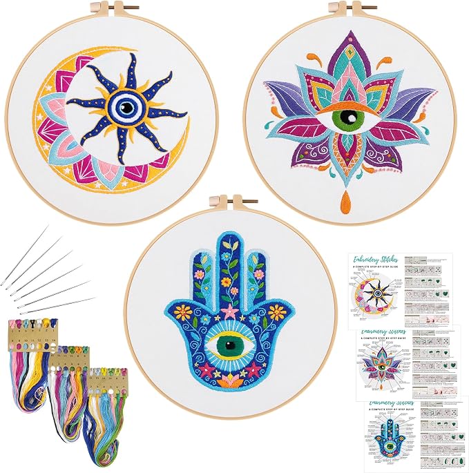 Louise Maelys 3 Pack Tarot Evil Eye Embroidery Kit for Beginners DIY Craft | Cross Stitch Kits Include Pre-Printed Fabric, Embroidery Hoop, Threads, Needles and Guide. Needlepoint Kit for Beginners