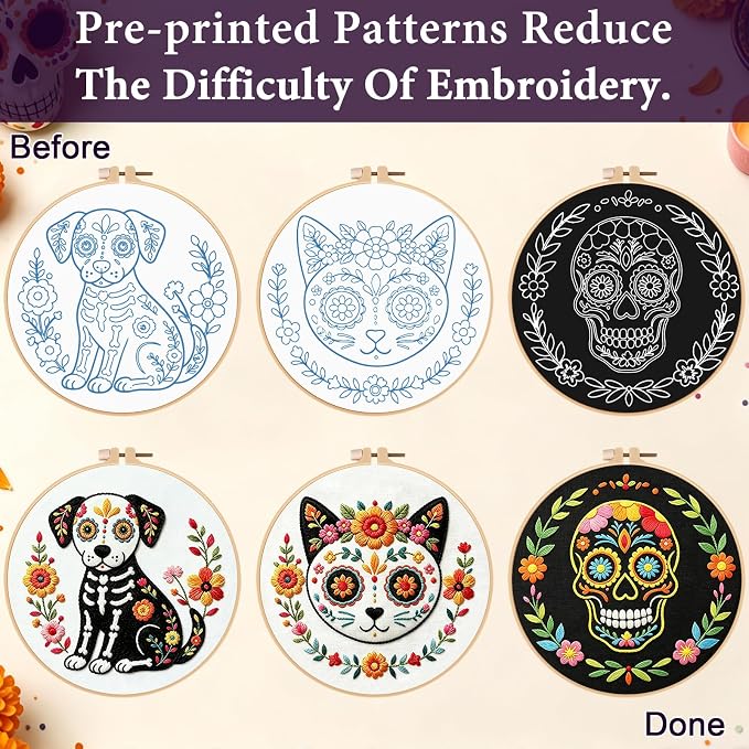 Nuberlic 3 Pack Sugar Skull Embroidery Kit for Beginners, Day of the Dead
