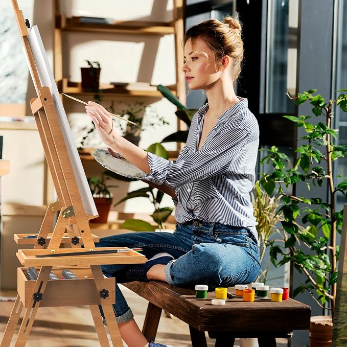 Large Beech Wood H-Frame Easel, Professional Painting Easel with 2 Palette | Multi-Function Studio Easel, Professional Foldable Artist Easel Stand for Painting, Holds Canvas Art up to 36"