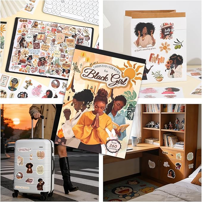 260+ Christian Stickers for Black Girls, Waterproof Vinyl Religious Bible Verse Sticker Book for Water Bottle Laptop Scrapbook Journaling Planner, Bible Study Prayer Vision Board Supplies for Women