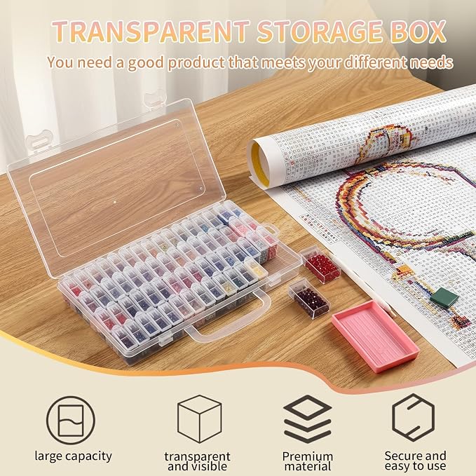 1 Pack 64 Grids Diamond Painting Tool Box Container Craft Storage with Adjustable Dividers for Beads, Art DIY, Crafts, Jewelry, Plastic Organizer with Label Stickers