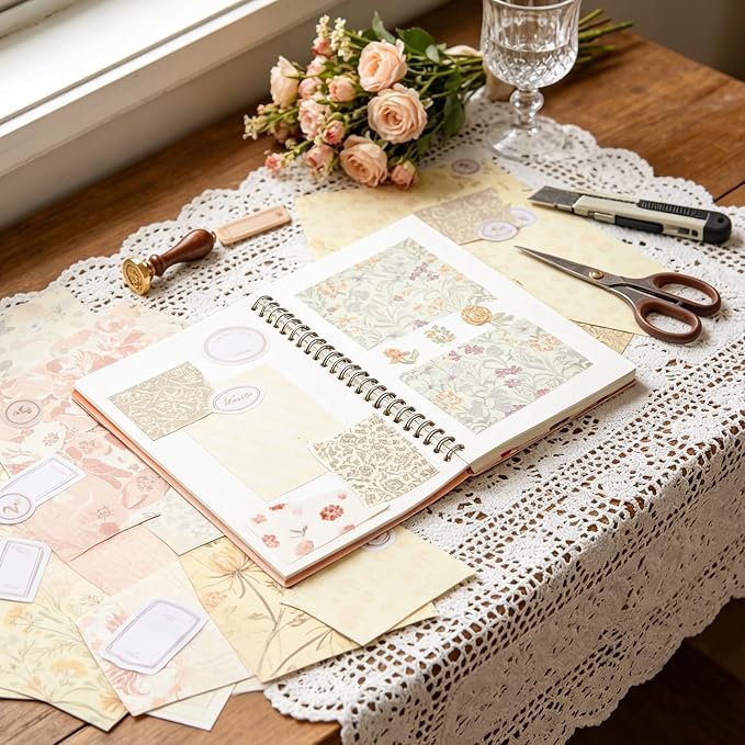 240 Sheets Vintage Floral Scrapbook Supplies, 4.1x5.8 Inch