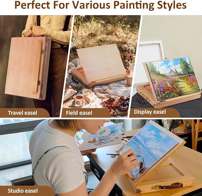 Adjustable Tabletop Sketchbox Easel with Storage Drawer & Palette | Portable Soild BeechWood Desk Easel for Beginner, Student, Artist, Hold Canvas up to 11" x 14"