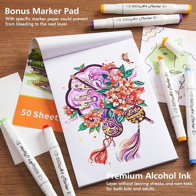 Lineon 172 Colors Alcohol Based Dual Tip Art Markers, 171+1 Blender Permanent Marker Pens Plus 1 Marker Pad 1 Case Perfect for Kids Adult Artist Coloring Books Drawing Sketching and Card Making