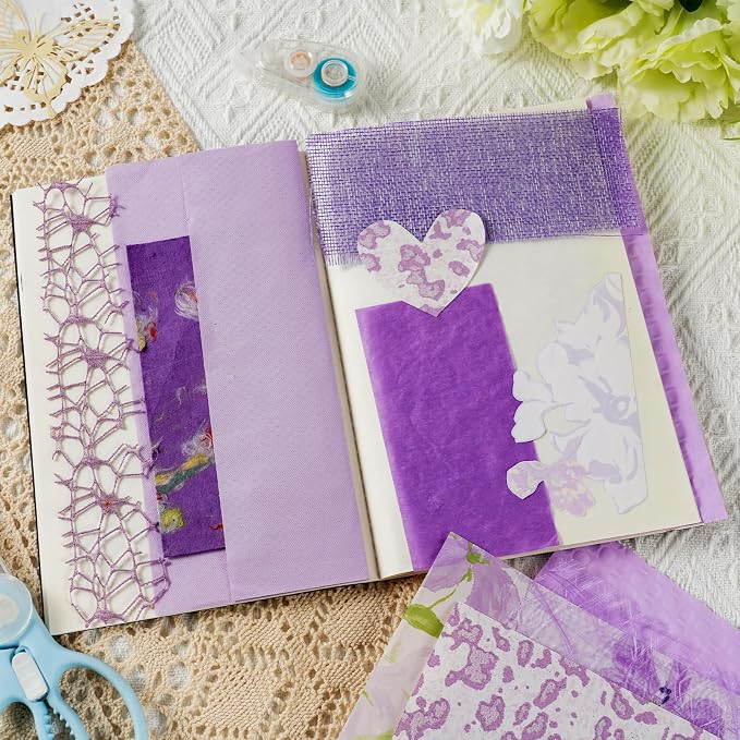 50 Sheets Unique Handmade Textured Scrapbook Paper & Mesh Fabric Set - Junk Journal Supplies Craft Paper for Scrapbooking Journaling Supplies for Junk Journal Retro Crafts（Purple）