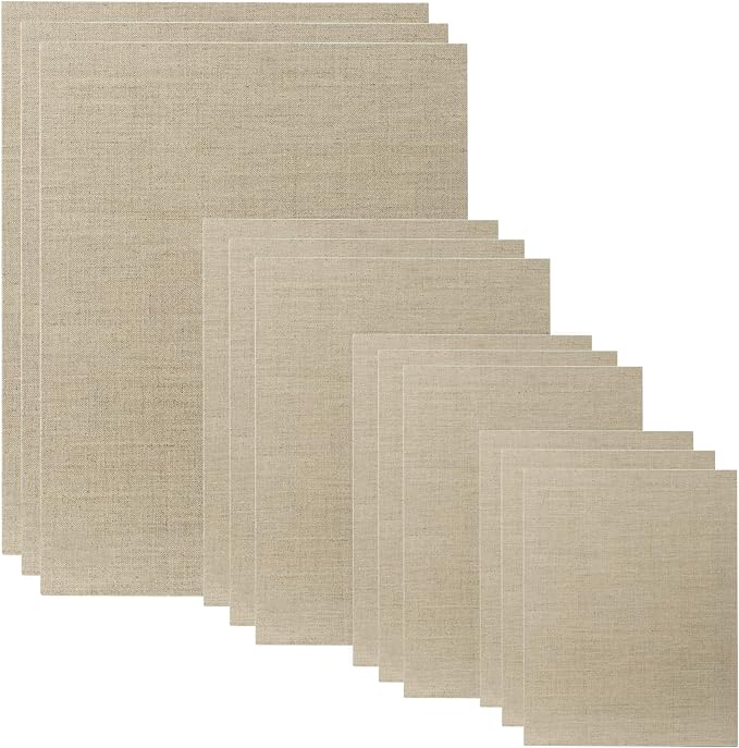 Senso Clear Primed Linen Panels - Small Sampler Set of 12 Canvas Panels - 3 Each of Sizes 8x10, 9x12, 11x14, and 16x20 for Painting Oils, Acrylics, Pastels and More