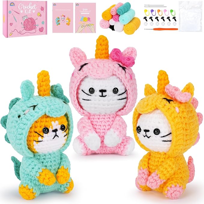 Crochet Kit for Beginners - 3 PCS Unicorn Cat Crochet Kits with Step-by-Step Video Tutorials, Beginner Crochet Kit for Adults, Crochet Animal Kit for Starters, Cat Dressed as Unicorn Set