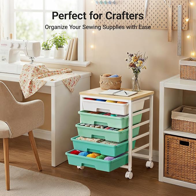 Pipishell Rolling Cart with 5 Drawers, Craft Storage Cart, Green Gradient
