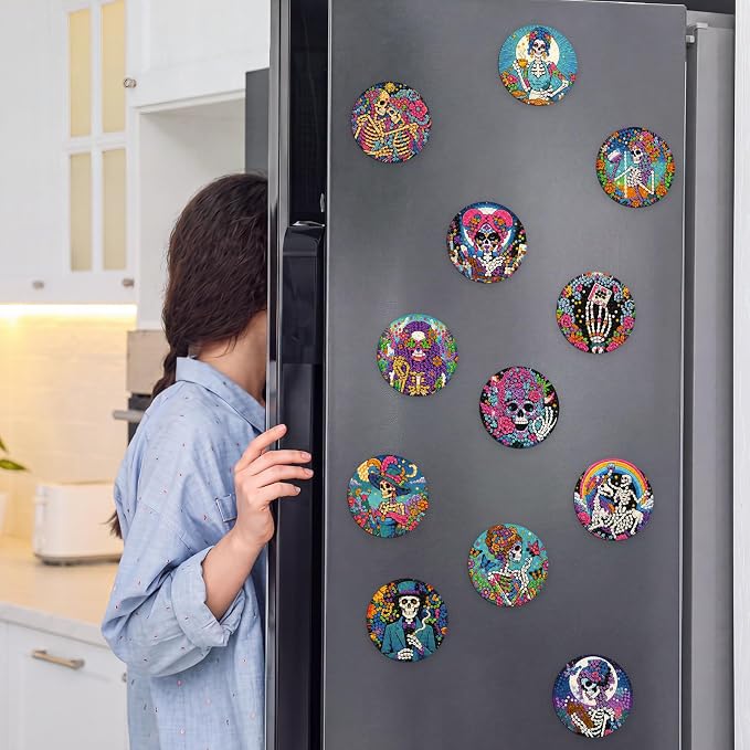 Zonon 12 Pcs Halloween Diamond Art Magnets Sugar Skull Diamond Painting | Colorful Skull Magnetic Stickers Kits for Adults, Easy DIY Fridge Decor for Party Home, Fun Craft