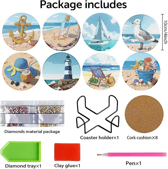 askkqtx 8 Pcs Beach Diamond Art Coasters Kits with Holder 4X4 Inch