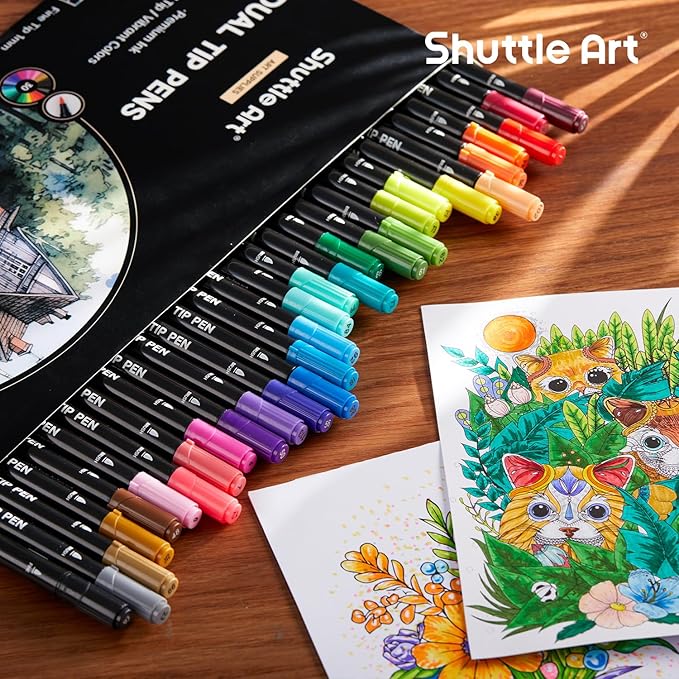 Shuttle Art Dual Tip Brush Marker Pens 30 Colors Water-based Ink | Double-ended with Fine Tip & Brush Tip, Great for Hand Lettering, Drawing, Bullet Journal and DIY Crafts for All Skill Levels
