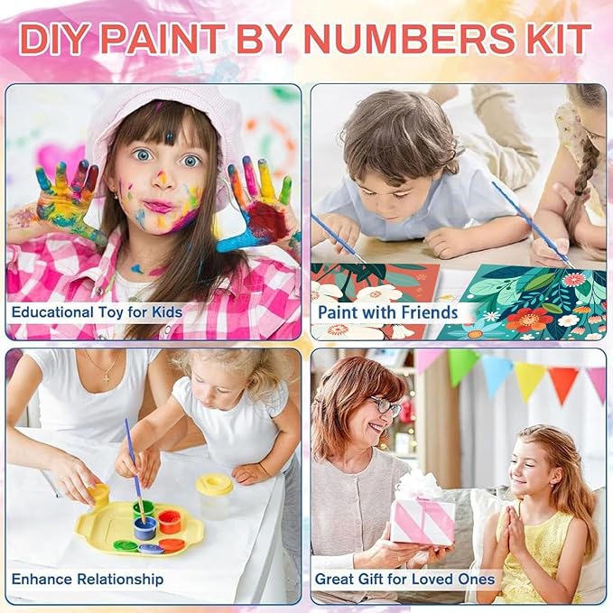cviokrdu 4 Pack Paint by Numbers Kit for Kids with Frame - Wooden Easel, Flowers Paint by Numbers for Kids Ages 4 8 12, Easy Flower Acrylic Oil Painting Kits for Home Wall Decoration 8x8 inch