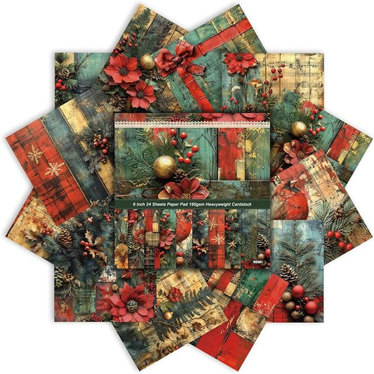 Christmas Scrapbook Paper Pad 24 Sheets Scrapbooking Supplies, Single-Sided Patterned Cardstock Pads Supplies for Card Making, Designer Planner Journals, Background Borders, Greeting Cards 6"×6”