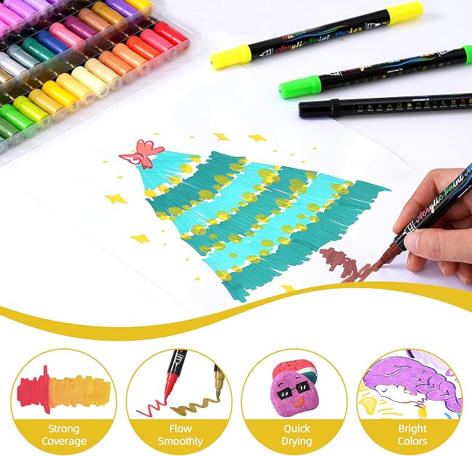 60 Colors Acrylic Paint Markers,Dual Tip Acrylic paint Pens Contain 12 Metallic Colors 6 Glitter and 6 Neon Markers for Rock Painting,Egg,Wood,Glass,Canvas,Ceramic,Crafts,Art Supplies