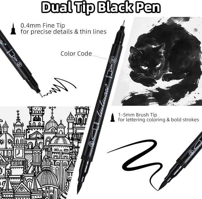 LIULIUCAI 10 Black Dual Tip Markers, Fine & Brush Tip Pens for Coloring