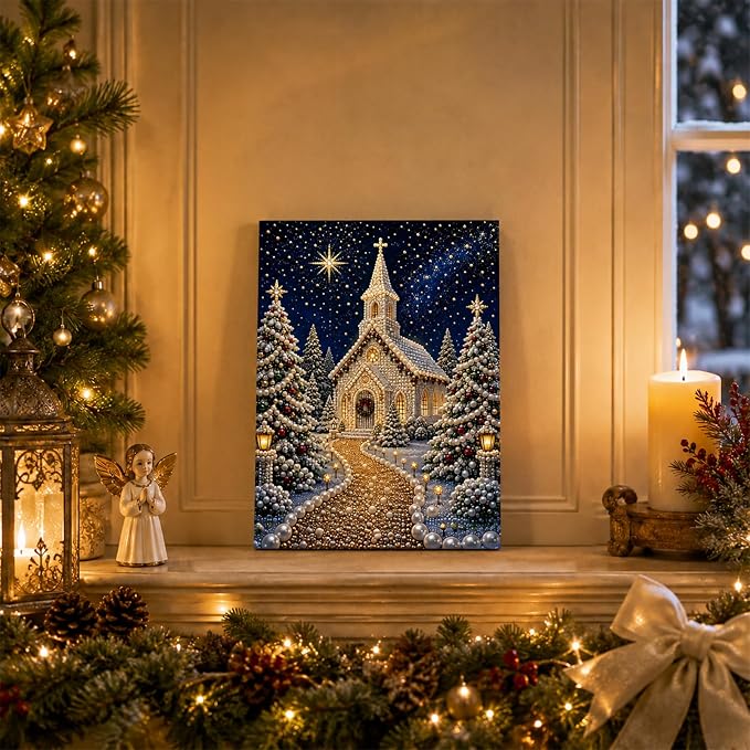 DIY Christmas Pearl Diamond Painting Kit, 5D Pearl Art Craft for Adults and Beginners, Christmas Church and Jesus Wall Decor, Holiday Gifts, 12 x 16 Inch (Church Design D)