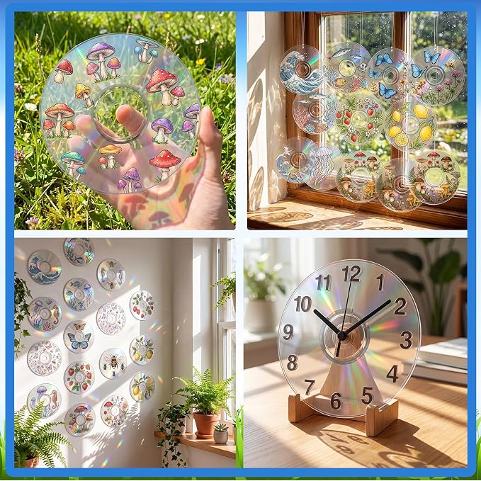 Sabary 29 Pcs DIY CD Painting Kit Painting Gift Include 24 Pcs 4.72'' Blank Cds 12 Colors Acrylic Paint with 2 Brushes Ideal for CD Art Craft Kit for Creative Projects Home Decor Activities (Clear)