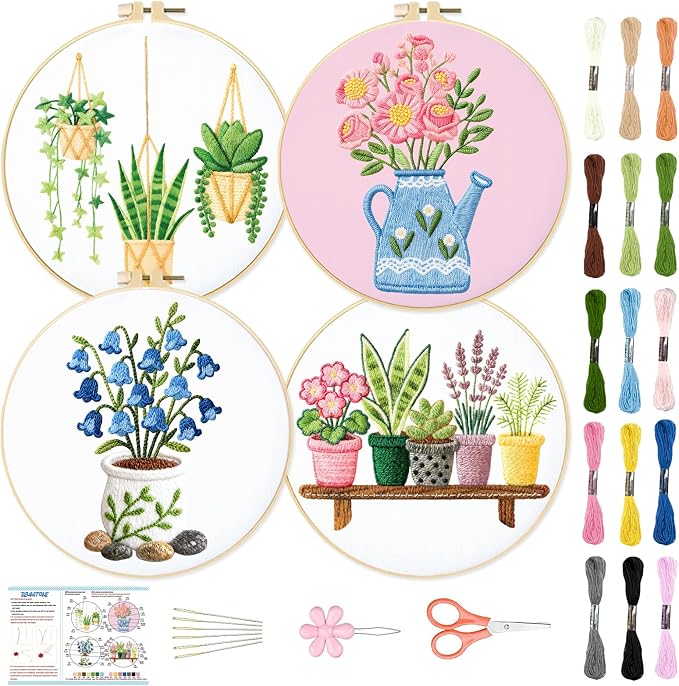 BEUNITONE 4 Set Embroidery Kit for Beginners, Vase Plants Cross Stitch Kits, Needlepoint Kits for Adults with Instructions and Full Kit, Creative Hand Embroidery Patterns for Cloth and Home Decor