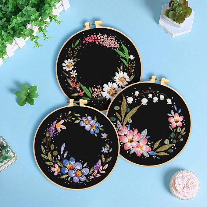 ERKOON 3 Sets Embroidery Kit, Floral Cross Stitch Set for Include Embroidery Cloth Hoops Threads for Craft Lover Hand Stitch (Garlands)