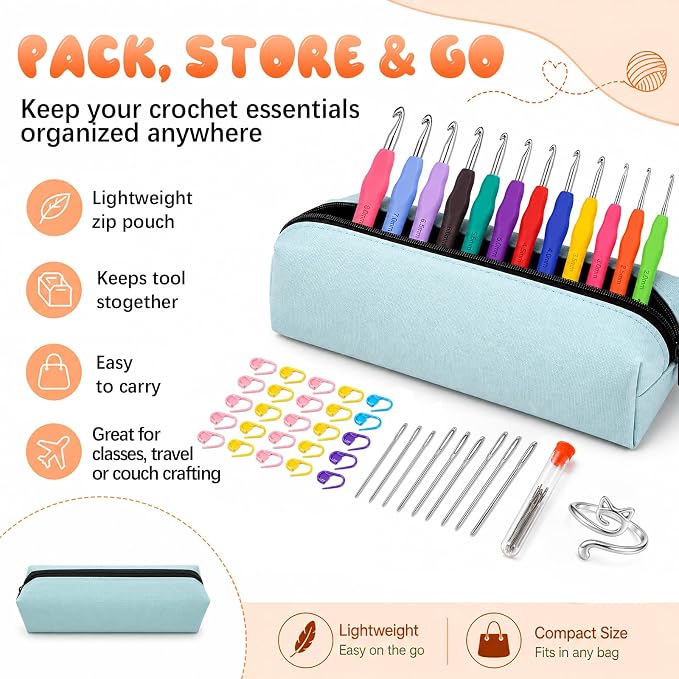 Crochet Hooks 12 Sizes Crochet Hook Set, 50 Pack Yarn Crochet Kit for Beginners, Knitting Needles with Ergonomic Handles for Arthritic Hands, Crochet Needle Kit with Blue Case for Crocheters