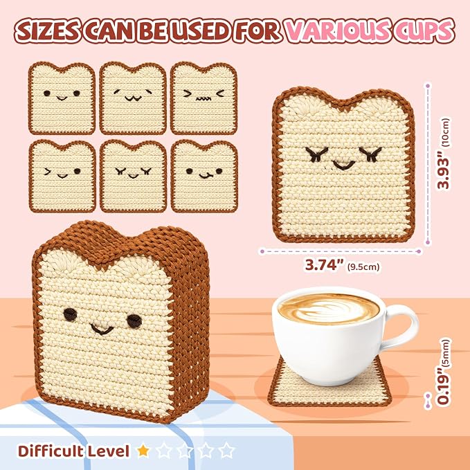 Mewaii Crochet Kit for Beginners, 6 Pack Toast Coaster Craft Set | 40% Extra Yarn, Video Tutorial, Pre-Started Piece, Beginner Friendly, Family Craft Gift for Adults & Kids