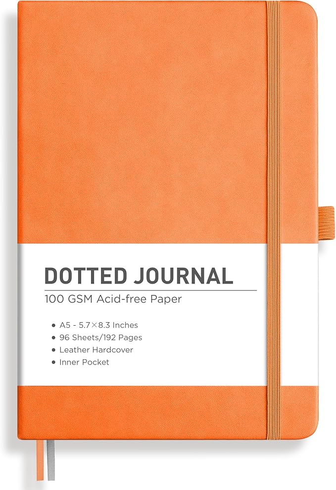 RETTACY Dotted Journal Notebook, 192 Pages, A5 Medium Size (5.7'' x 8.3'') | Leather Hardcover, 100 GSM Thick Paper, for Journaling, Planning, Tracking (Orange)
