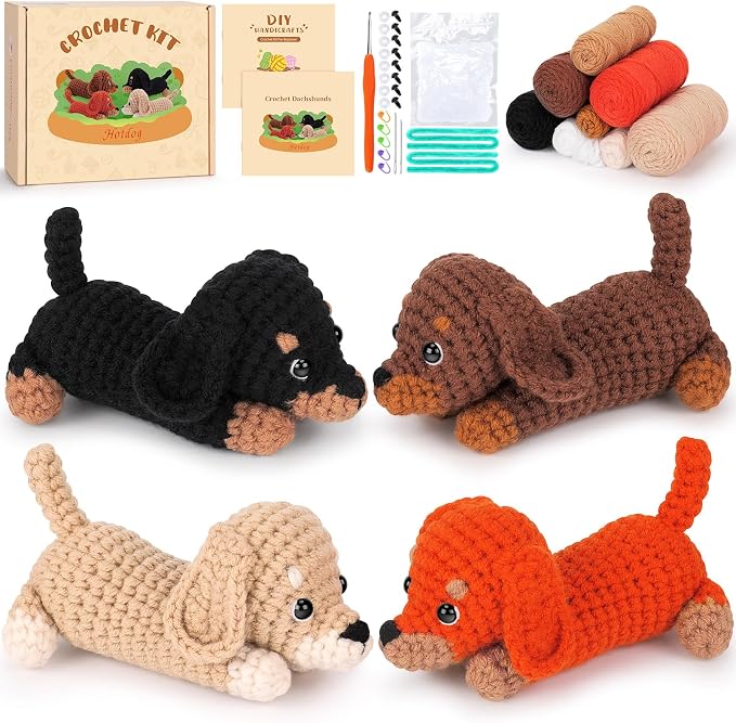Crochet Kit for Beginners Adults, 4 PCS Dachshund Puppy Crochet Kits