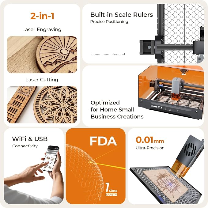 BlazeX M3 5W Laser Engraver Machine for Beginner, 0.01mm Ultra-Precision Laser Cutter and Engraver Machine for Wood Metal Glass Leather, with Enclosure Honeycomb Engraving Materials, Class 1