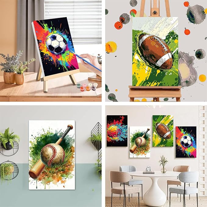 Ball Sports Paint by Numbers for Adults with Framed Canvas - Wooden Easel | 4 Pack Ball Sports Paint by Number for Beginners, Oil Painting Kits on Canvas with Brushes for Home Wall Decor (8x12 inch)