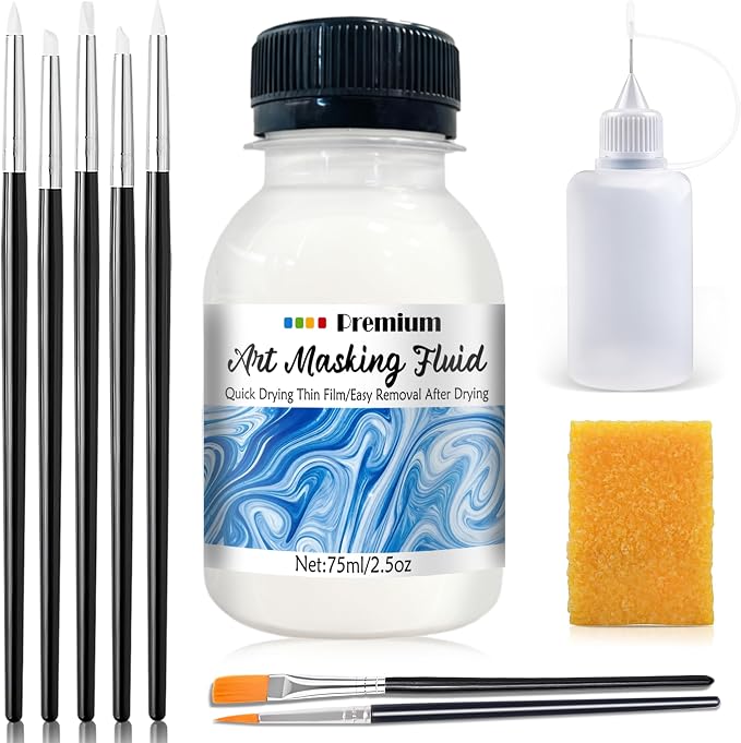 Watercolor Masking Fluid, Liquid Masking for Painting Watercolor Accessories with Silicone Pen Cleaning Brush Retouching and Covering for Painting and Various Art Projects Supplies,White (75ml)