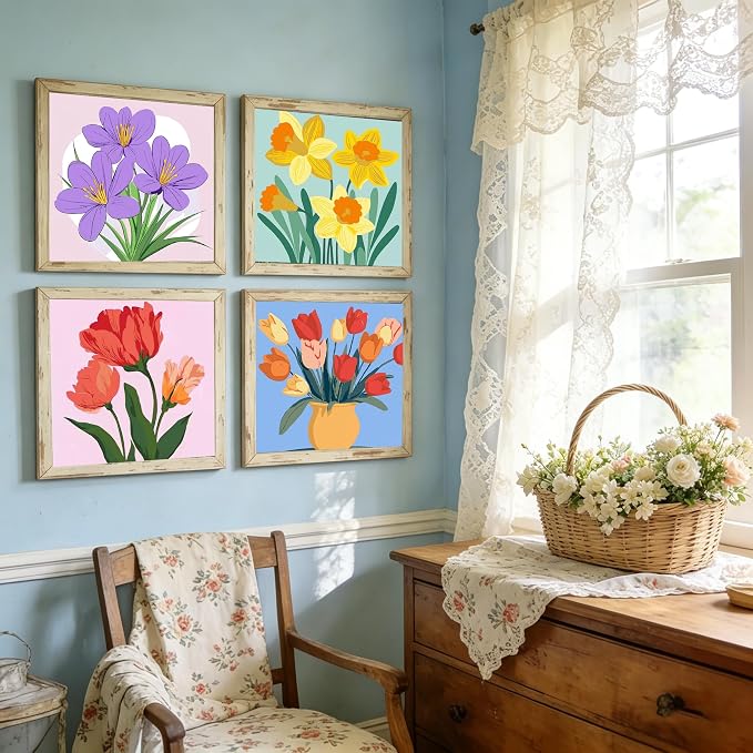 Canrichshop 4-Pack Framed Flowers Paint by Numbers Kit for Adults Beginner & All Ages 8-12 and More,Oil Painting by Numbers for Kids, DIY Number Paint Decor Present 8X 8 inch