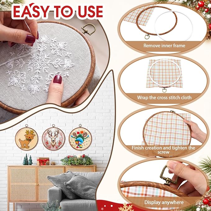 Burbell 3 Pcs 8.7 Inch Pcs Spring Round Embroidery Hoops Frame Circle Rubber Hoops Ring Display Cross Stitch Ornament Imitated Wood Frame Kits for Christmas in July Craft Sewing DIY Hanging Gifts