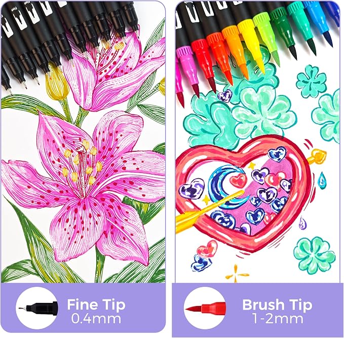 Artecho 120 Colors Dual Tip Markers for Adult Coloring Books | Drawing Pens For School, Fine and Brush Tip, Calligraphy, Drawing, Sketching