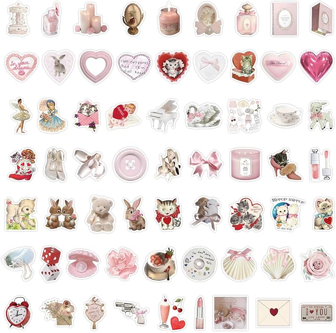 60pcs Coquette Stickers Cute Vinyl Laptop Stickers, Waterproof Aesthetic Stickers, Pink Sticker Pack for Girls Water Bottles Laptop Computer Phone Guitar (60 Coquette Stickers)