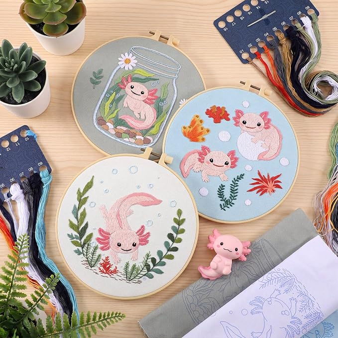 Mindsoft 3 Set Needlepoint Kit for Beginners with Hoop,Axolotl | Bamboo Hoop Thread Needles Instructions, Easy Hand Embroidery for Beginners Home Crafts,Pre-stamped Funny Cute Designs