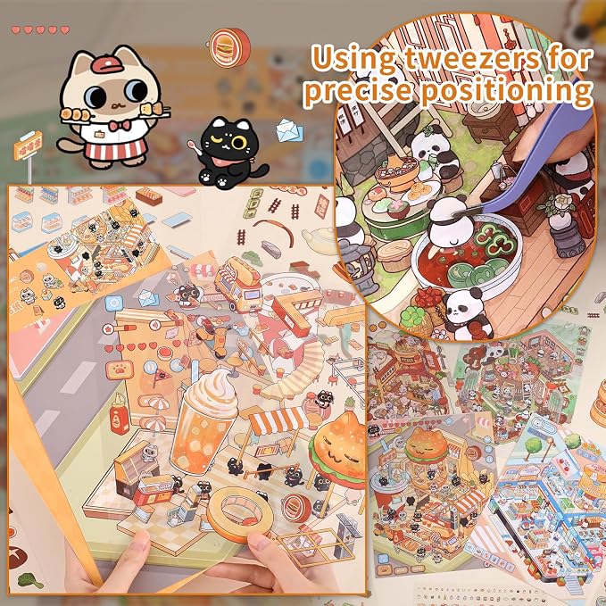 Girls 3D Miniature Scene Stickers, 4 Sets Mini Stores DIY House Stickers for Burger, Hot Pot, Convenience Store, Breakfast, Cute 3D Cartoon Scene Stickers for Adult Kids Relief Stress Pass The Time