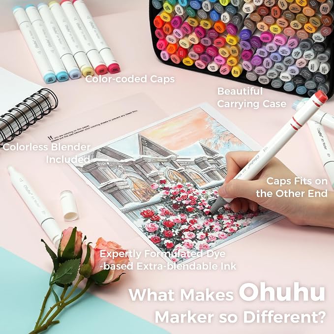 Ohuhu Alcohol Markers - 160-color AP Certificated Double Tipped Art Marker Set for Artist Adults Cozy Coloring Sketch Illustration - Chisel and Fine Dual Tips - Oahu of Ohuhu Markers - Refillable | AP Certified Art Marker, Dual Tips Alcohol-based for A...