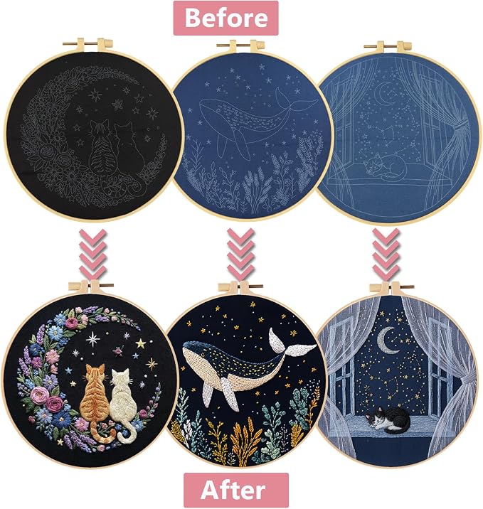 LYMIGER 3 Packs Embroidery Kit for Adults, Embroidery for Beginners (Night)