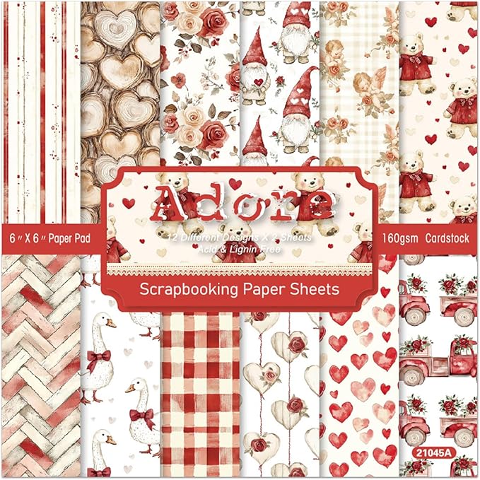 Valentine Scrapbook Paper 6×6, 24 Sheets Scrapbooking Supplies Kit, Single-Sided Patterned Cardstock Supplies for Card Making, Designer Planner Journals