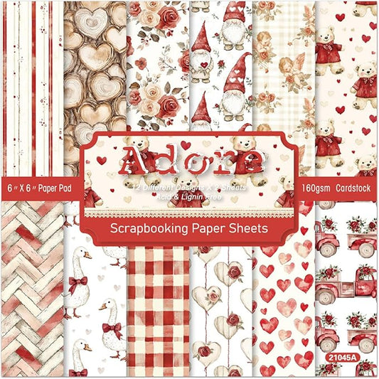 Valentine Scrapbook Paper 6×6, 24 Sheets Scrapbooking Supplies Kit, Single-Sided Patterned Cardstock Supplies for Card Making, Designer Planner Journals