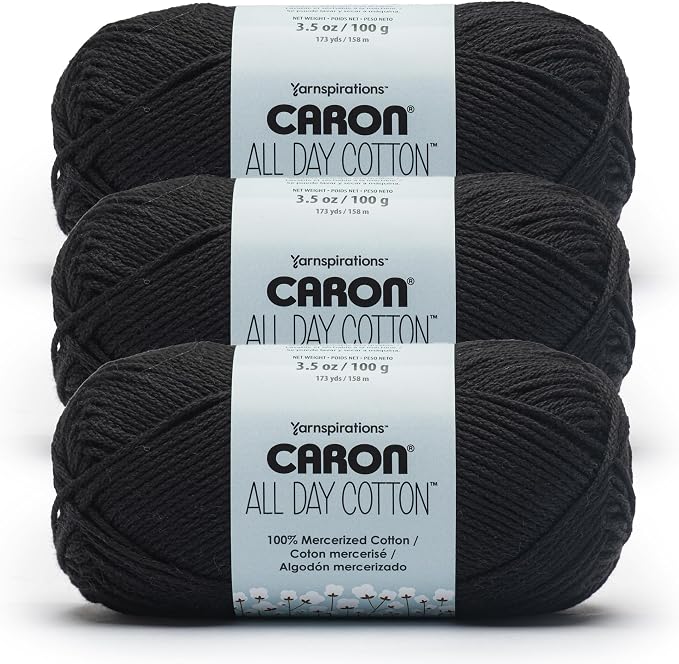 Caron All Day Cotton Yarn for Crocheting, Black, 3-Pack | #4 Worsted Yarn, 100% Mercerized Cotton, Soft Crochet Yarn for Knitting, Amigurumi & Crafts, 173yds, 100g/3.5oz per skein