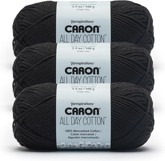 Caron All Day Cotton Yarn for Crocheting, Black, 3-Pack | #4 Worsted Yarn, 100% Mercerized Cotton, Soft Crochet Yarn for Knitting, Amigurumi & Crafts, 173yds, 100g/3.5oz per skein
