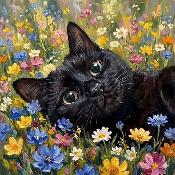 Diamond Painting Kit for Adults, Cat Flower Diamond Art Kits 13.7x13.7In | 5D Full Round Drill Gem Painting Paint by Diamonds Relaxing DIY Craft for Home Wall Decor