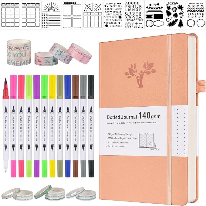 Bullet Dotted Journal Kit, 140gsm Dot Grid Notebook with 188 Numbered Pages